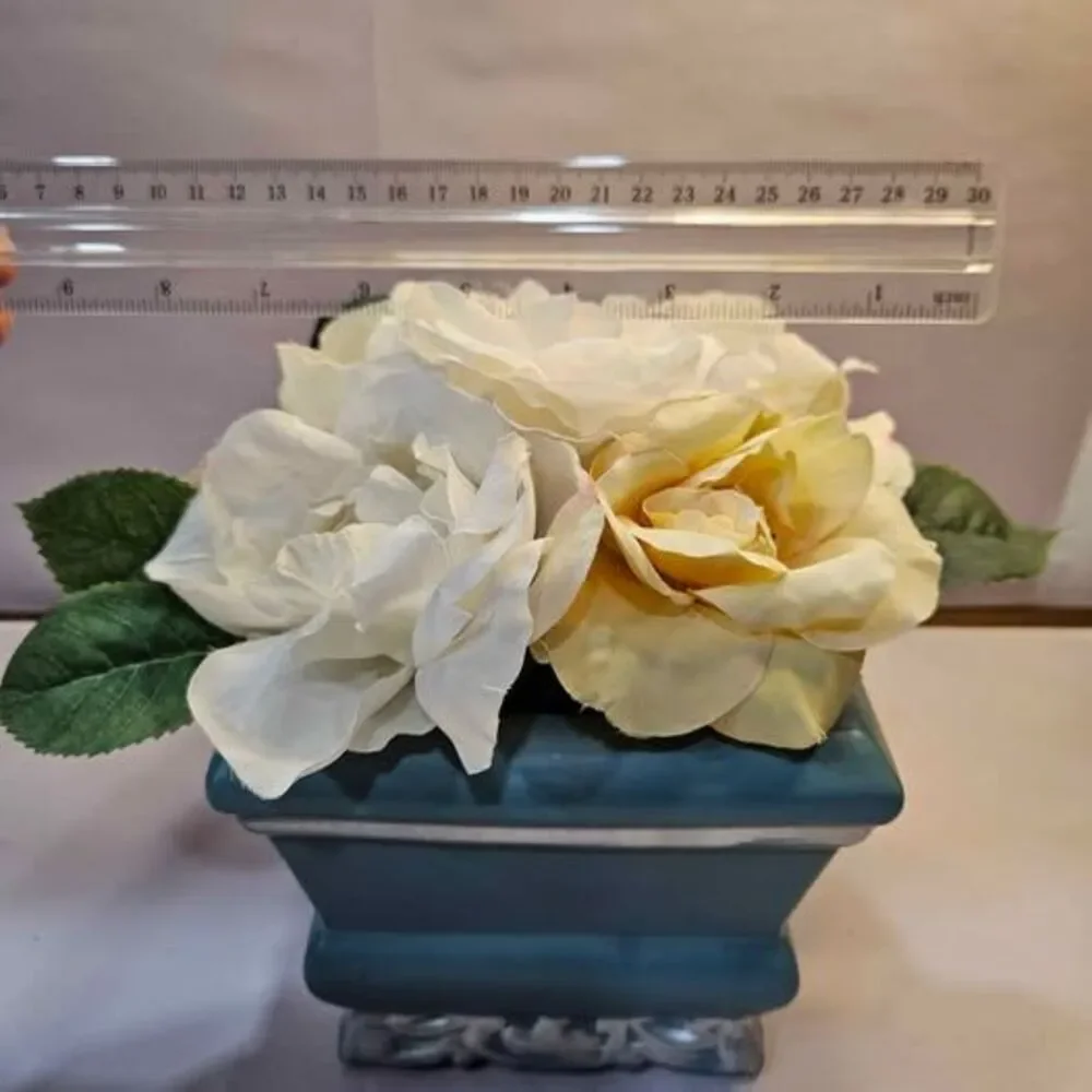Artificial Rose Flower Arrangement in Teal Vase